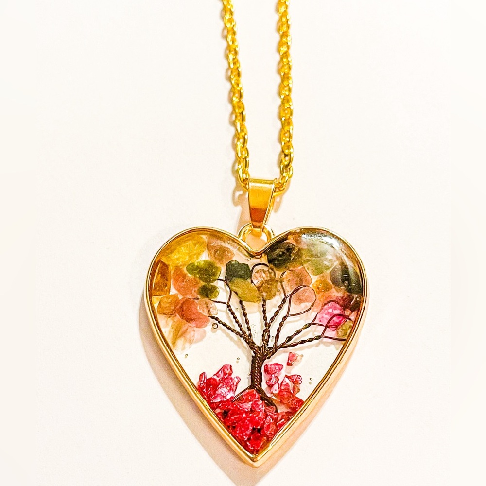 Multicolored Crystal Tree Heart Pendant Necklace
